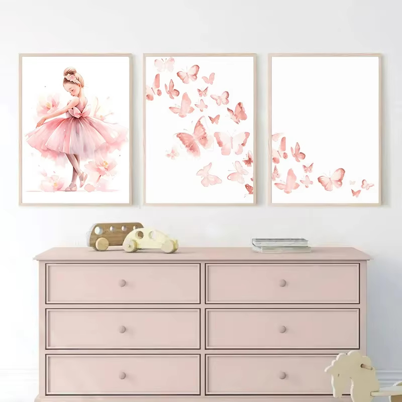 Baby Unicorn Nursery - Pembe Balerin Kız Unicorn Kelebek Posteri