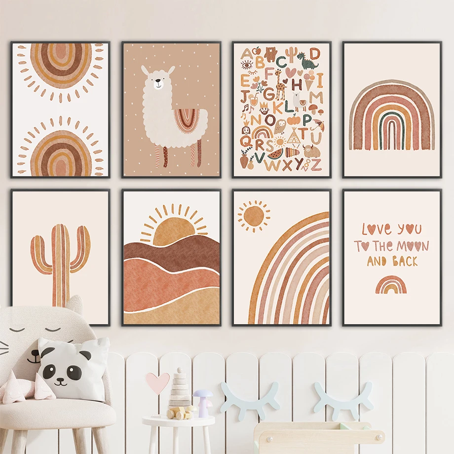 Baby Unicorn Nursery - Alpaka Unicorn Güneş Gökkuşağı Kaktüs Çocuk