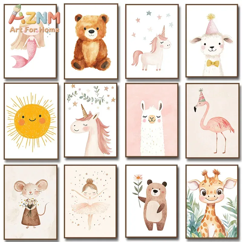 Baby Unicorn Nursery - AZNM Suluboya Sevimli Hayvan Kanvas Duvar