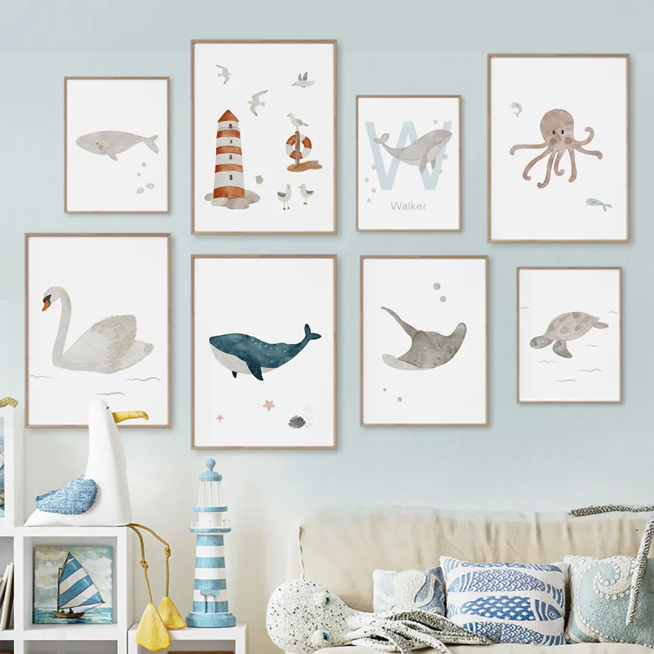 Baby Nursery Ocean - Balina, Ahtapot, Kaplumbağa, Kuğu Deniz Hayvanı