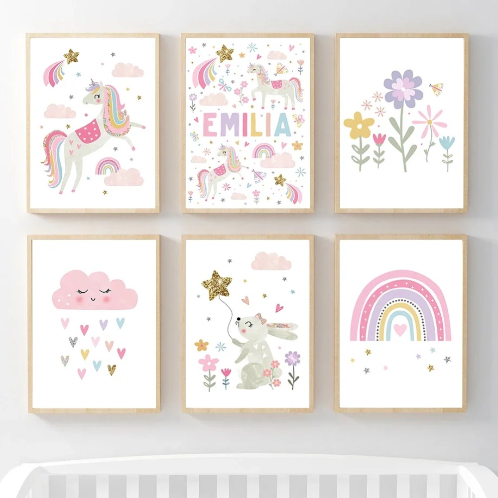 Baby Unicorn Nursery - Pembe Unicorn Tavşan Gökkuşağı Bulut Çiçek